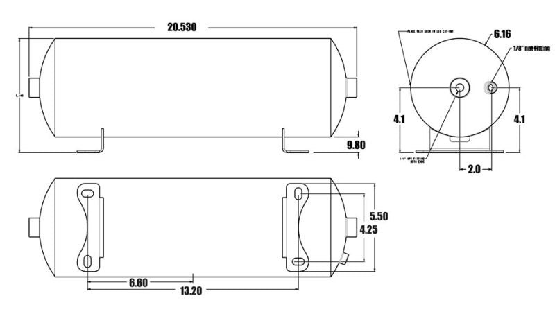 Ridetech Air Tank 2 Gallon Aluminum w/ 2- 1/4in Ports and 1- 1/8in Port