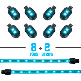 XK Glow Strips Single Color XKGLOW LED Accent Light Motorcycle Kit Light Blue - 8xPod + 2x8In