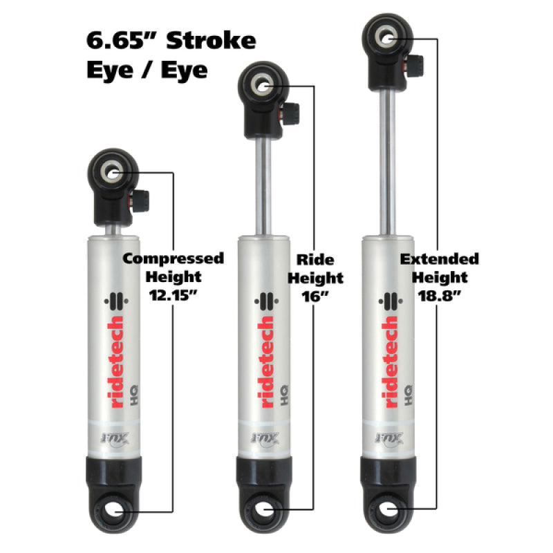 Ridetech HQ Series Shock Absorber Single Adjustable 6.65in Stroke Eye/Eye Mounting 12.15in x 18.8in