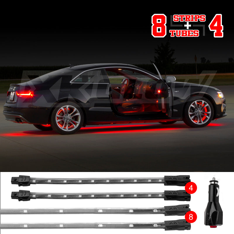 XK Glow Single Color XKGLOW UnderglowLED Accent Light Car/Truck Kit Red - 8x24In Tube + 4x8In Strip