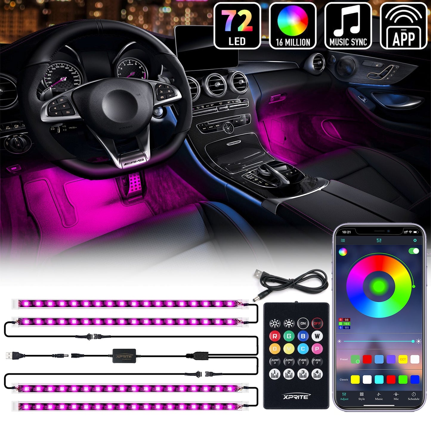 Xprite 4PC Celestial Series Bluetooth and Remote Control RGB LED Interior Car Light Set - Powered by USB
