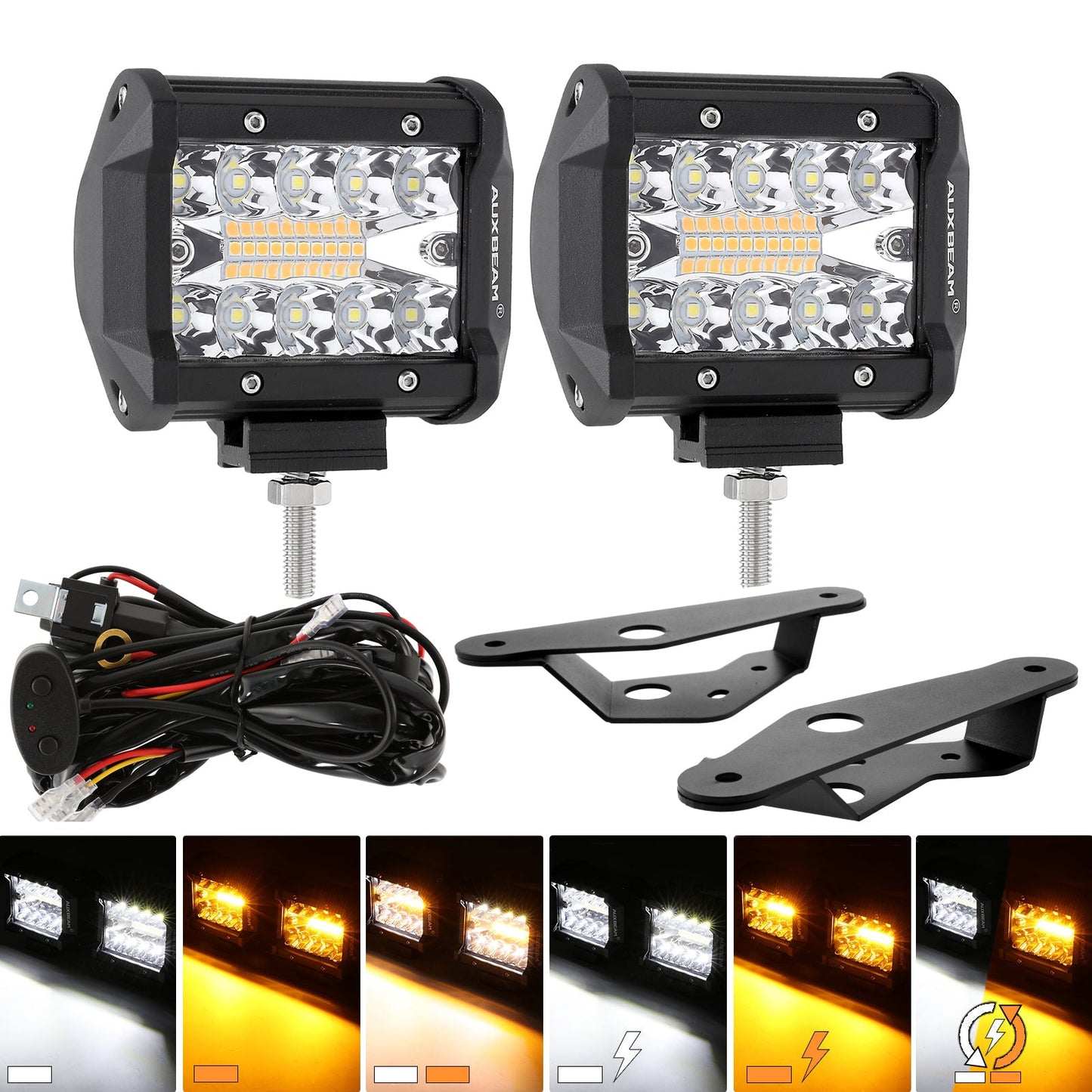 4 Inch 6 Modes White&Amber LED Working Light LED Pods with Dual A-Pillar Mounting Bracket For Ford Bronco 2/4 Door 2021 2022