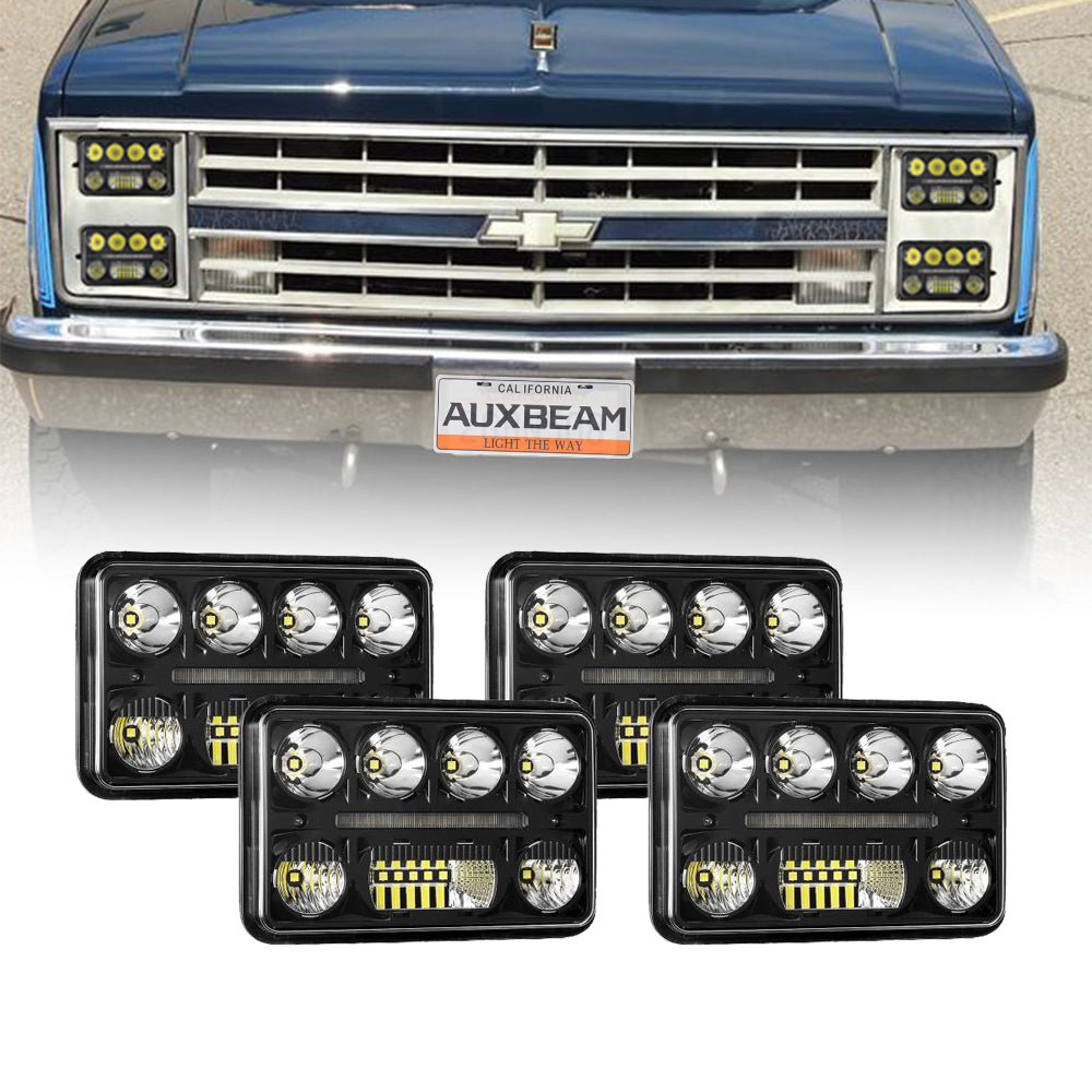 4x6 Inch Sealed Beam LED Headlights + H4 LED Headlight Brightness Intensifier Wiring Harness for Chevy(Chevrolet)