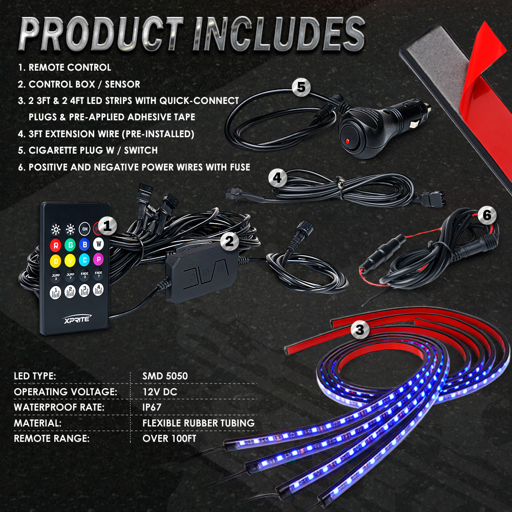 Xprite Battle Series RGB LED Underbody Glow Kit with Remote Control and Bluetooth